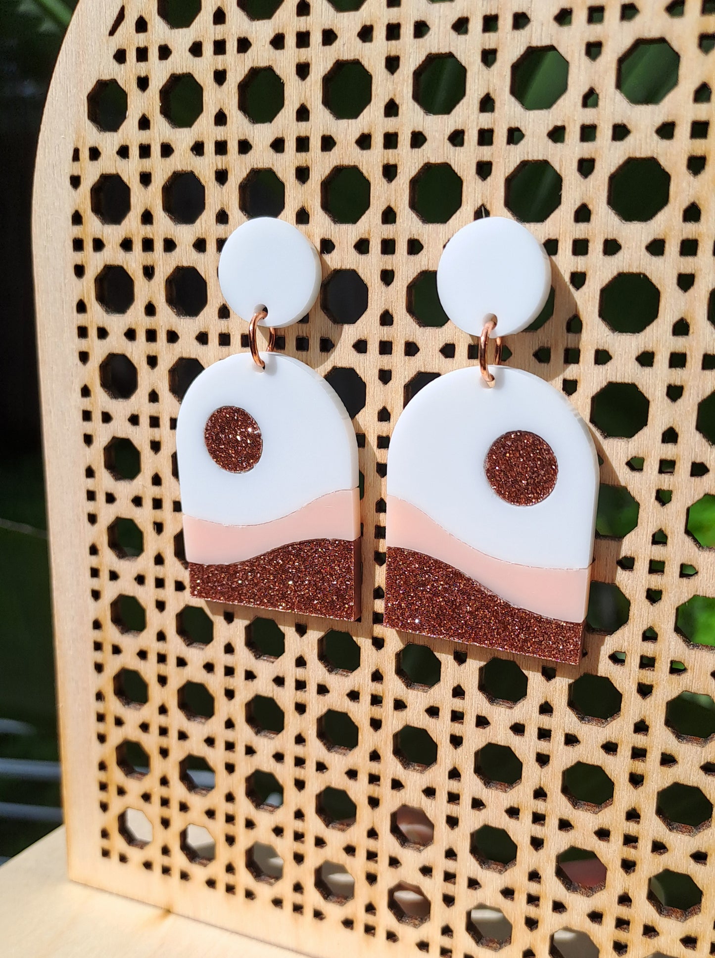 White, Pink and Rose Gold Sparkel Boho Geometric Sunrise Statement Earrings