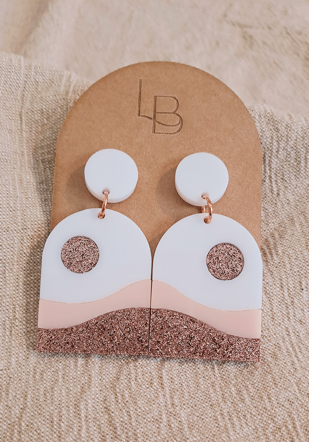 White, Pink and Rose Gold Sparkel Boho Geometric Sunrise Statement Earrings