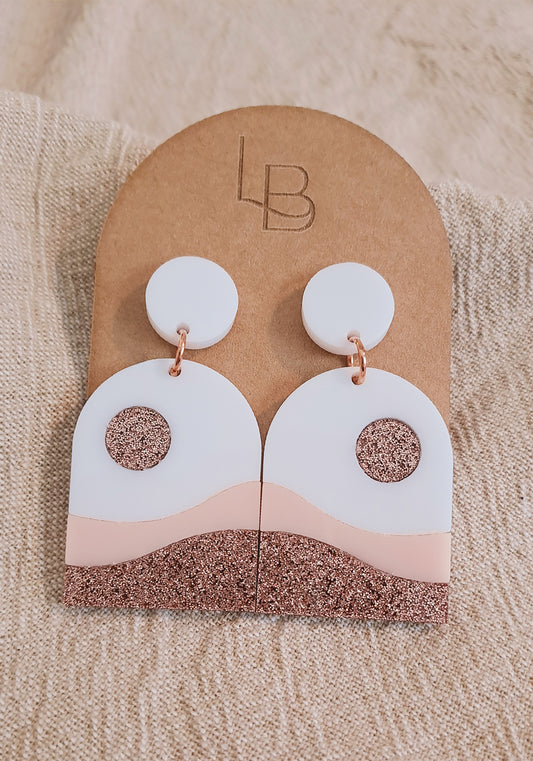 White, Pink and Rose Gold Sparkel Boho Geometric Sunrise Statement Earrings