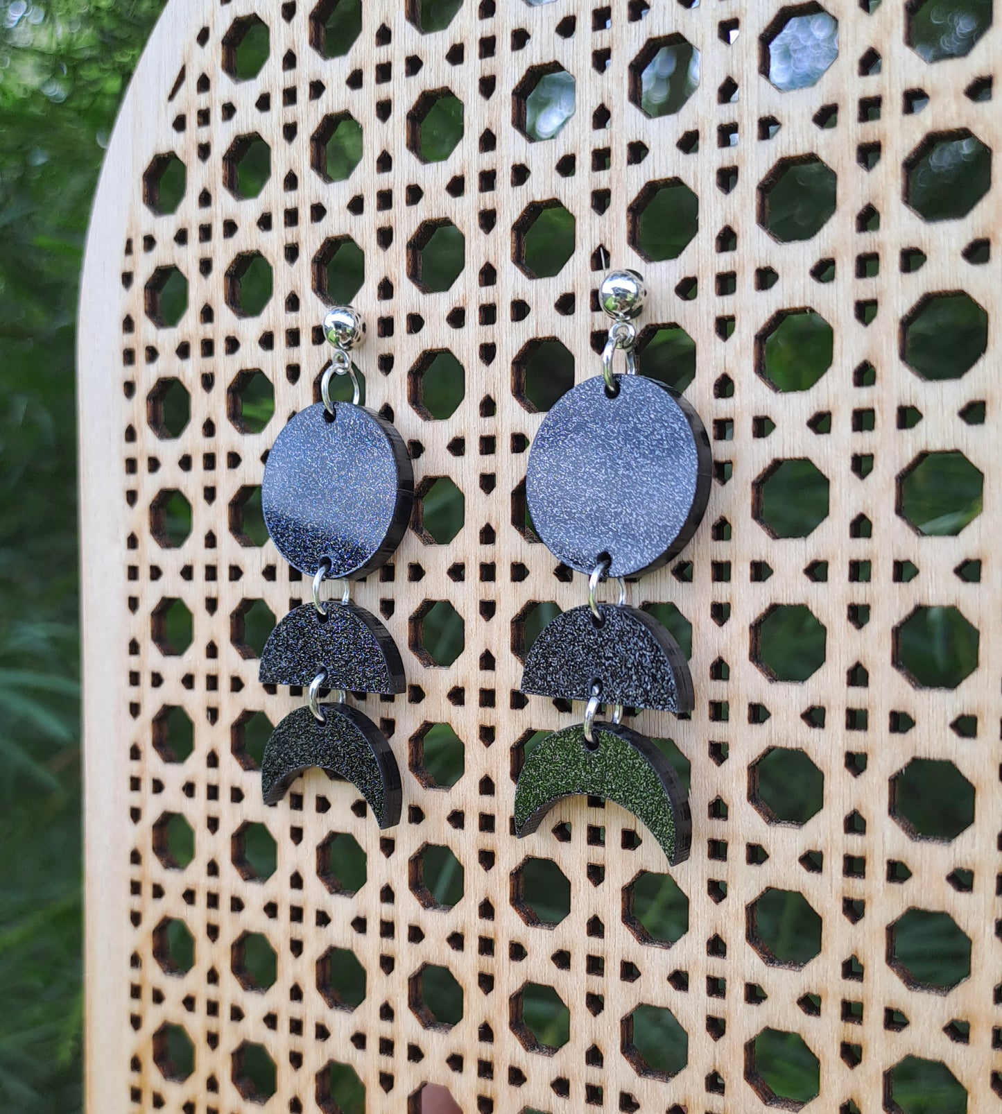 Black Glitter Sparkle Moon Phases Statement Earrings