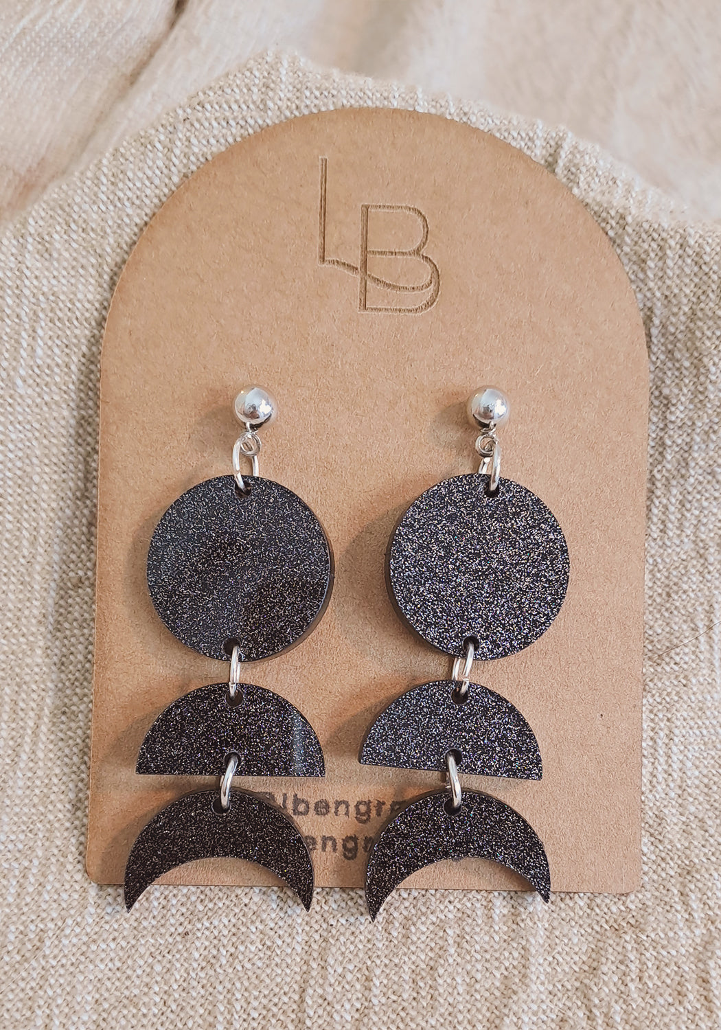 Black Glitter Sparkle Moon Phases Statement Earrings